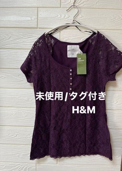 【未使用/タグ付き】H&M オーガニックコットン レースデザイン フレンチ袖 Tシャツ カットソー