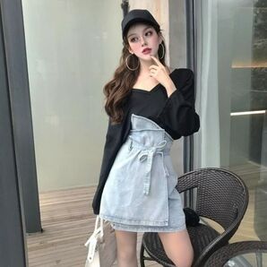 【フォロー割】カットソー レディース Vネック シャツ 黒 L カジュアル