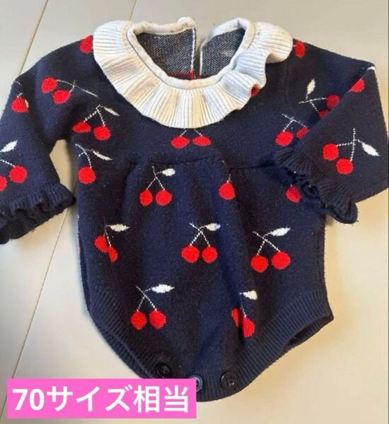 ロンパース さくらんぼ チェリー ニット ベビー服 長袖 女の子 ガール 60 70 キッズ フリルロンパース 可愛い ネイビー