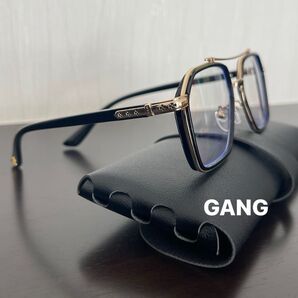 伊達メガネ ダブルブリッジ ブラック ゴールドフレーム y2k sk8 ウェリントン型クロス 十字架 クロス サングラス