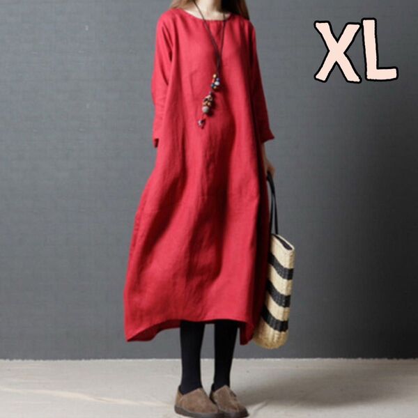 バルーンワンピース 赤 XL チュニック ひざ丈 体型カバー ロング 無地 ゆったり 薄手 夏服 爽やか 涼しい カジュアル