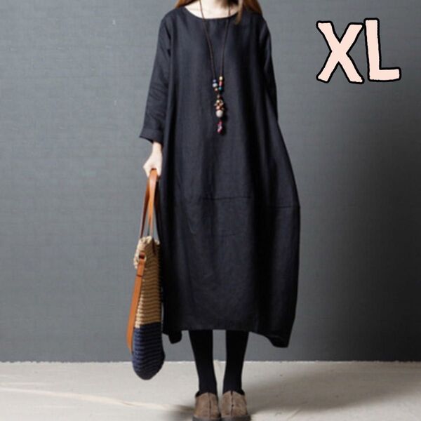 バルーンワンピース 黒 XL チュニック ひざ丈 体型カバー ロング 無地 ゆったり 薄手 夏服 爽やか 涼しい カジュアル