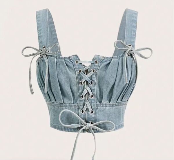 SHEIN MOD レースアップフロント シャーリングバスト デニムトップス ビスチェ