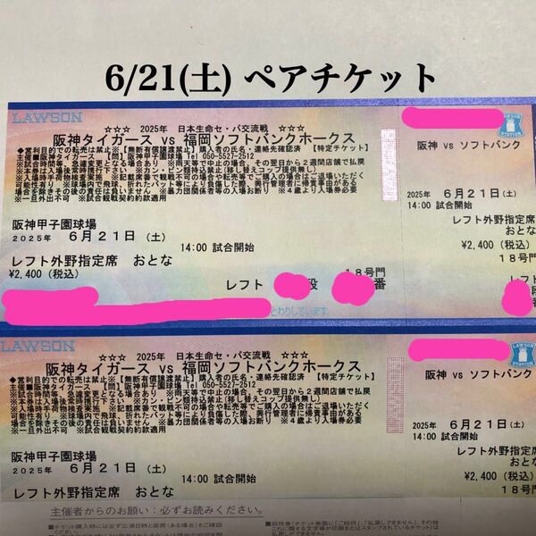 6/21(土) 阪神vsソフトバンク レフト ペアチケット 6月21日 甲子園球場
