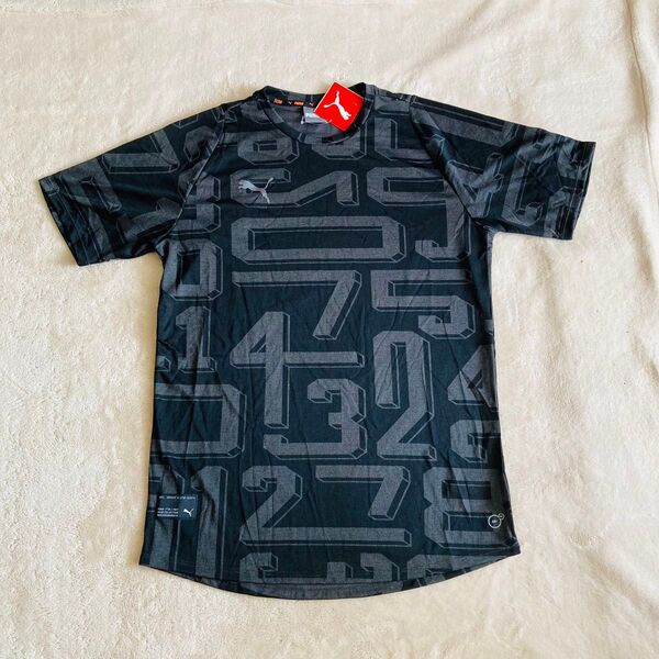 新品 未使用 PUMA タグ付き 半袖 Tシャツ dry 速乾 トレーニング サッカー フットサル 総柄 XL 黒 ドライ LL