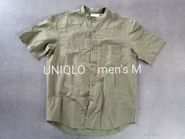 UNIQLO ユニクロ コットンリネンスタンドカラーシャツ メンズM オリーブ