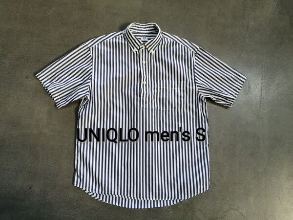 UNIQLO ユニクロ エクストラファインコットンストライププルオーバーシャツ メンズS 半袖シャツ ネイビー