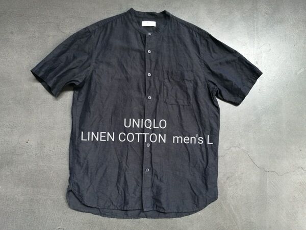 UNIQLO ユニクロ リネンコットンスタンドカラーシャツ(半袖)メンズL ネイビー