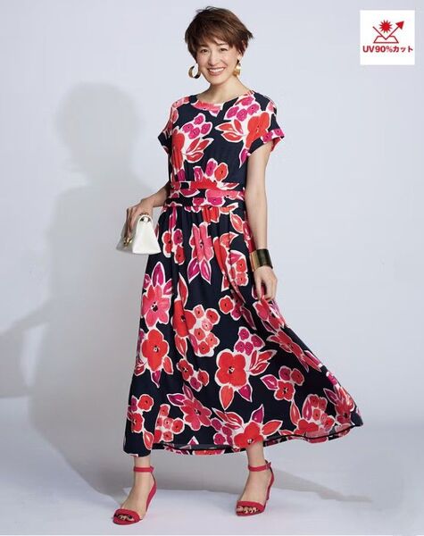 ドゥクラッセ UVスラブ・ウエストデザイン 夏ワンピース ネイビー&オレンジ フラワー XL 未使用