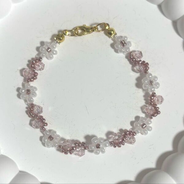 ビーズブレスレット ハンドメイド アクセサリー ピンク×ホワイト