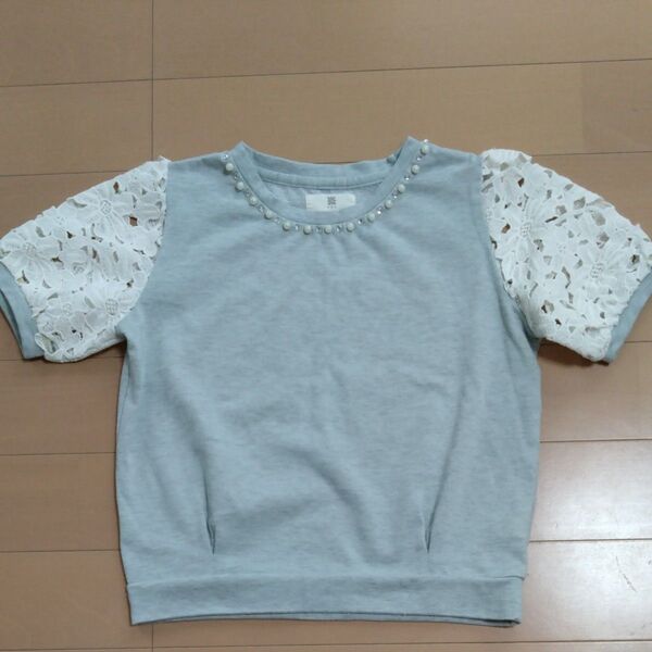 rps レース袖パールビーズ装飾ライトブルーTシャツ