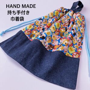 水色レトロアニマル 持ち手付き巾着袋