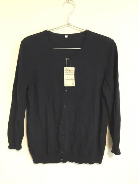 ◎タグ付き◎無印良品◎クルーネックカーディガン◎Lサイズ◎紺色◎七部袖◎オーガニックコットン強撚UVカット◎