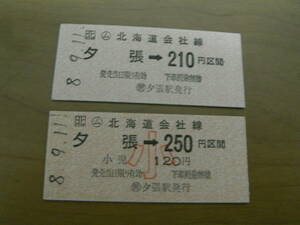 2枚/石勝線　ム夕張→北海道会社線210円区間・ム夕張→北海道会社線 小120円区間　平成8年9月11日　簡 夕張駅発行　大小2枚