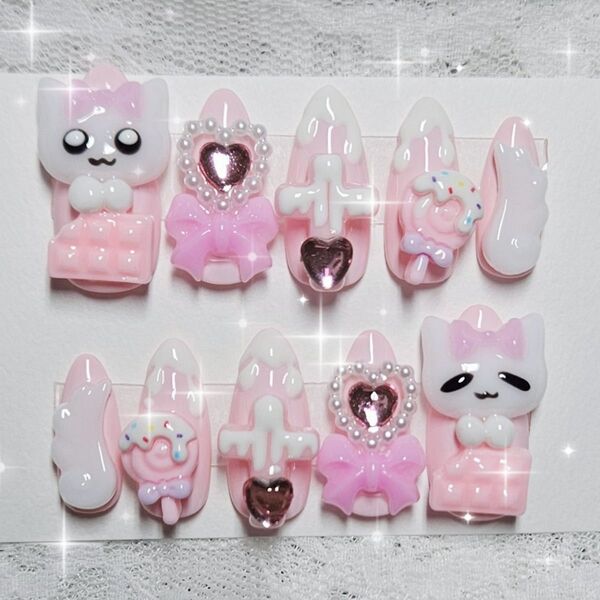 117 現品 ネイルチップ ピンク 量産型 地雷 ロリータ ゆめかわ 魔法少女 平成女児 ゴテゴテ フレンチガーリー 羽 チョコ