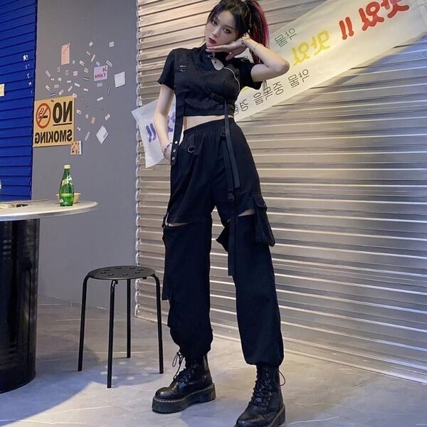 ジップ付き カーゴパンツ M ブラック 韓国 Y2K 2WAY 黒 ダンサー
