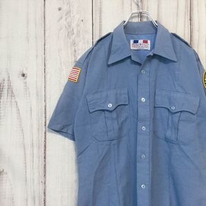 【USA製 Flying Cross フライングクロス 半袖ワークシャツ】FIRE ACADEMY L 水色 古着