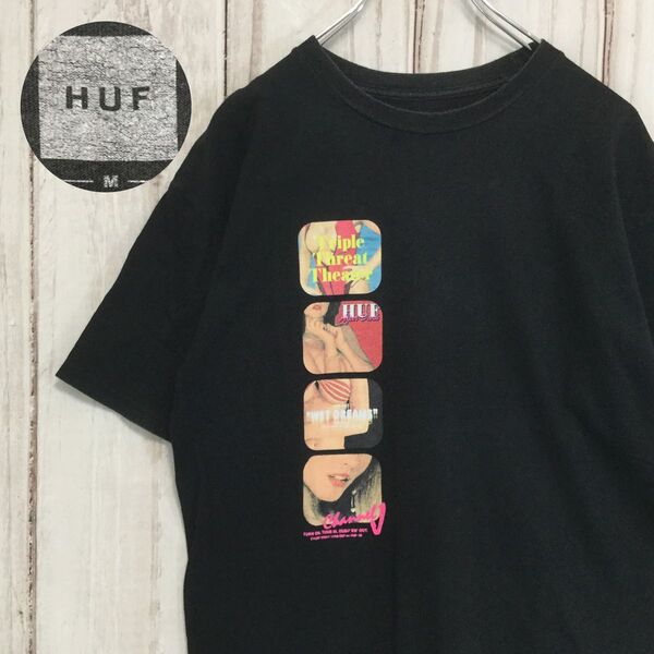 【HUF ハフ 半袖プリントTシャツ】90s オーバーサイズ 海外サイズ プリントデザイン 古着感 M 黒 古着