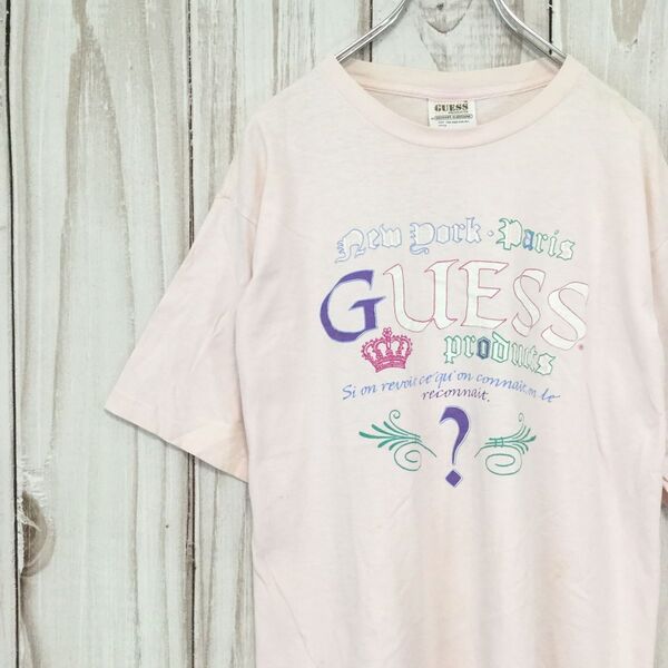 【USA製 ゲス 半袖Tシャツ】ヴィンテージ 80s~90s ゆるだぼ プリントデザイン XL相当 ピンク Guess 古着