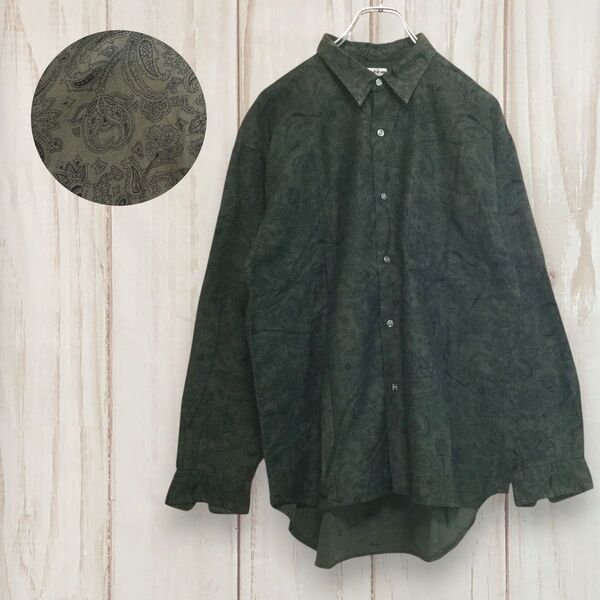 【レトロ ダークカラー ペイズリー 長袖総柄シャツ】ヴィンテージ 90s L相当 ダークグリーン 古着