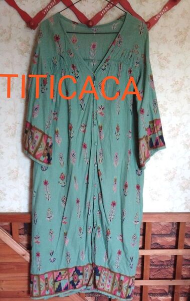 TITICACA グリーン柄ワンピース コットン100% 七分袖 総柄 ワンピース