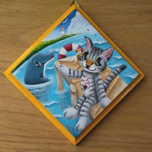 猫のミニパネル7月・海5(一辺約10cm)インテリア雑貨 ハンドメイド 絵 猫雑貨 壁掛け飾り サバトラ猫