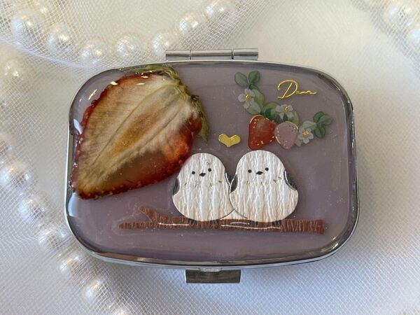 580番 いちご シマエナガ ピルケース レジン ハンドメイド 本物のいちご入り