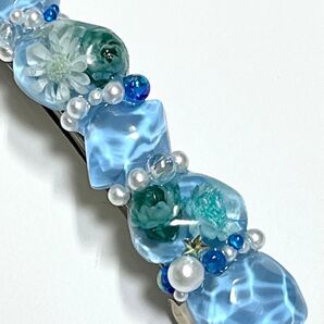 130 ブルー 水面 バレッタ ハンドメイド パール レジン