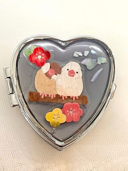 ハート型 文鳥 ピルケース 小物入れ ハンドメイド ブルーグレー系色
