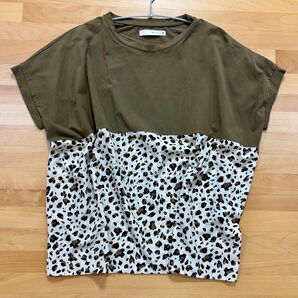 ブージュルード オリーブ色とヒョウ柄の半袖Tシャツ Fサイズ
