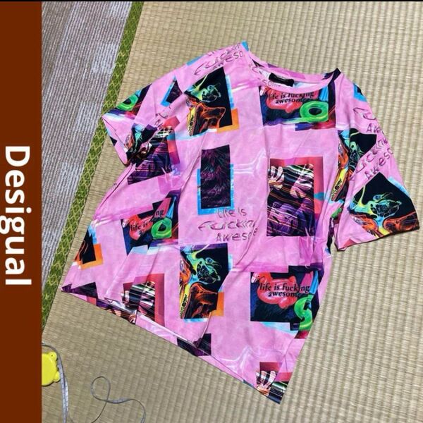 Desigual デシグアル クルーネック プリントtシャツ 総柄 半袖 ピンク XL レディース 春夏