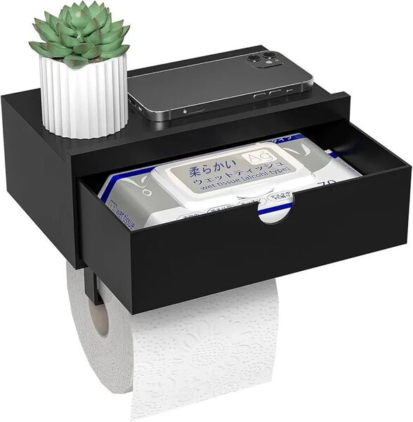 収納ボックス付き トイレットペーパーホルダー 壁掛け ティッシュラック 黒