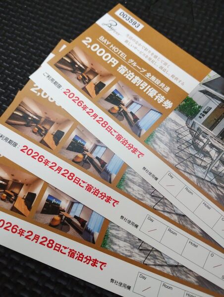 BAY HOTEL グループ全施設共通 2.000円宿泊割引優待券 3枚