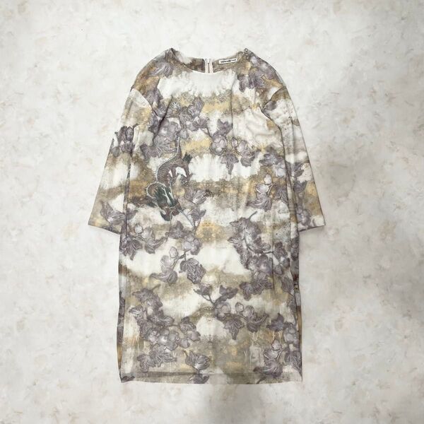 【極美品】VIVIENNE TAM ヴィヴィアンタム パワーネットワンピース ドラゴン 龍 竜 風景画 花柄 0 Sサイズ 伸縮性