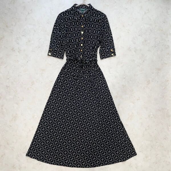 ローレンラルフローレン LAUREN RALPH LAUREN ロングワンピース 総柄 マキシ丈 ベルト 金釦 ストレッチ素材 S