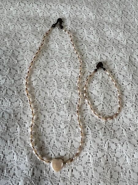 ハンドメイド ピンク淡水パールネックレス&ブレスレット ハート