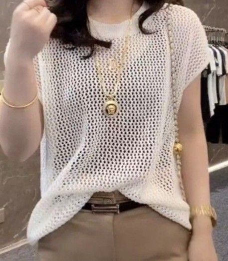 サマーニット 透かし編み 白トップス 重ね着 プルオーバー フリーサイズ 涼しい
