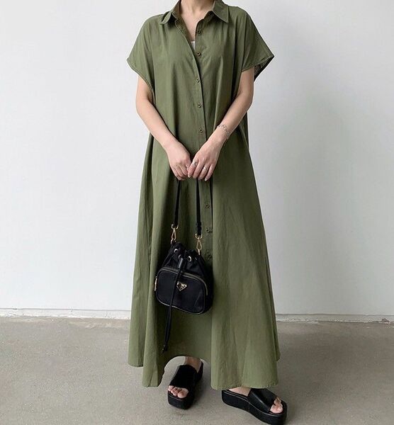 レディース半袖ロングワンピース オリーブ シャツワンピース 綿麻 前開き ゆったり 体型カバー ポケット有