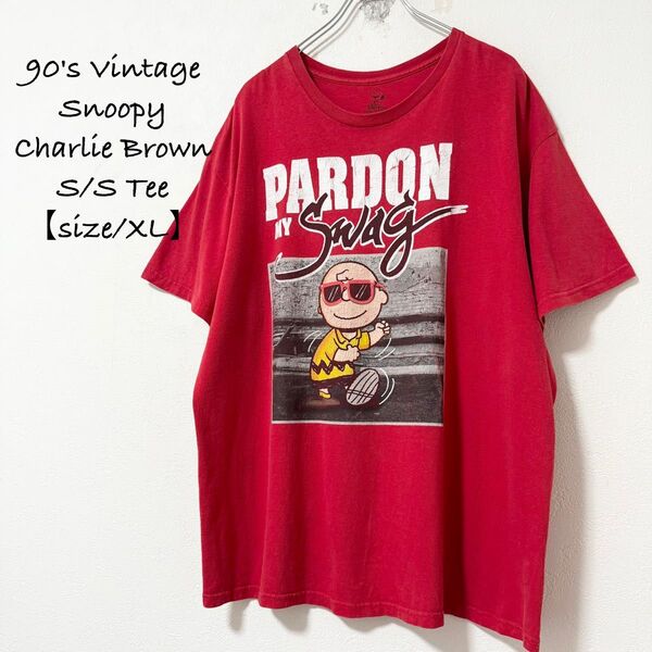 90s Vintage★ヴィンテージ★Snoopy/スヌーピー★チャーリーブラウン★半袖Tシャツ★レッド/赤★XL