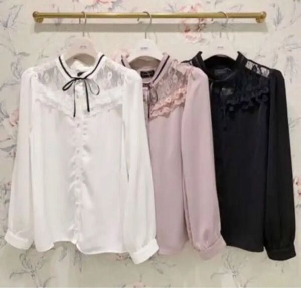 美品 evelyn ブラウス 長袖 リボン レース 白 ホワイト