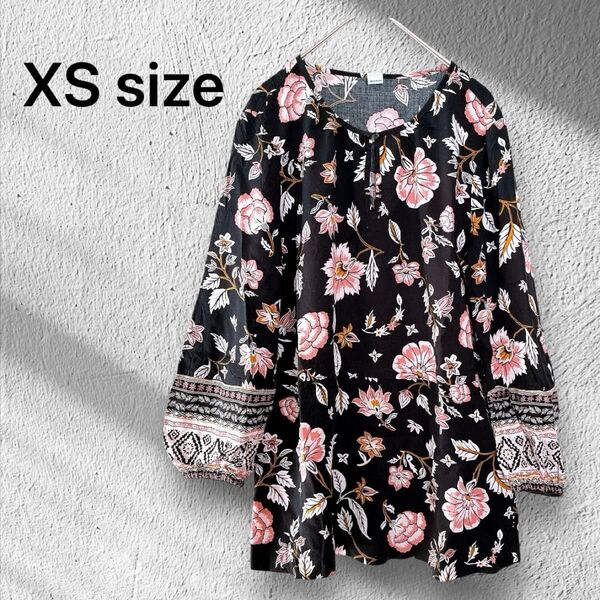 花柄 長袖 チュニック【XS】 トップス 黒 ブラウス リメイク アジアン風 総柄 シャツ リメイク