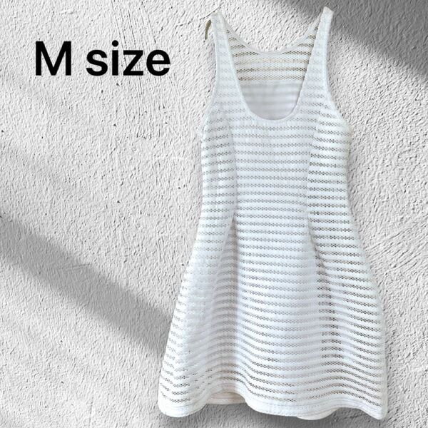 ホワイト メッシュ ノースリーブ ワンピース 【M】 リメイクにも♪ 白