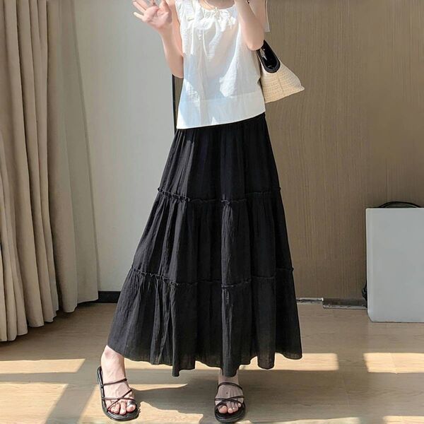 新品 黑 ロングスカート ティアードスカート