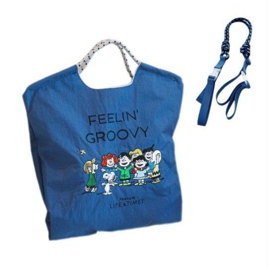 刺繍エコバッグ スヌーピー Mサイズ ストラップ付き トートバッグ SNOOPY ショルダーバッグ ネイビー
