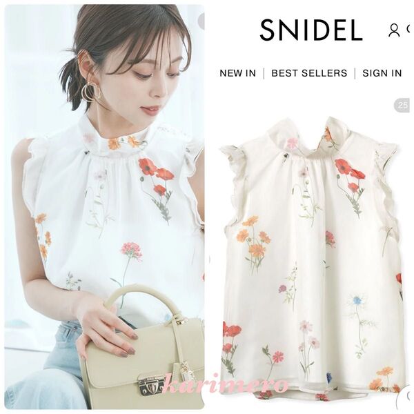 定価以下☆完売色☆新作新品☆SNIDEL ノースリバックリボンプリントブラウス