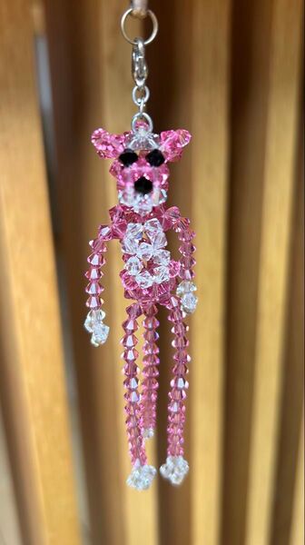 スワロフスキー ピンクパンサー ストラップ チャーム キーホルダー ハンドメイド ピンク キラキラ ビーズ