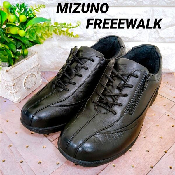 美品 MIZUNO FREEEWALK サイドジップ レザースニーカー 22.5 ブラック 黒