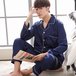 新品 ネイビー 紺 パジャマ ルームウェア メンズ ナイトウェア サテン レディース下セット 長袖 長ズボン おしゃれ