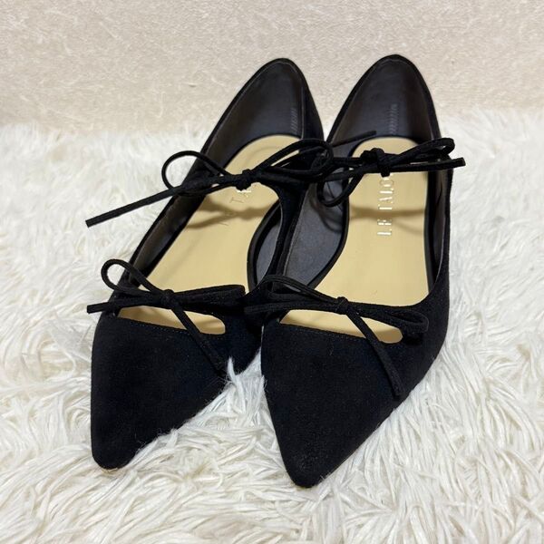 極美品 ルタロン ポインテッドダブルリボンフラット パンプス 黒
