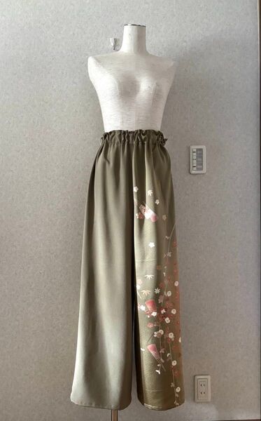 着物リメイク 訪問着 2種類 正絹 パンツ ワイド ♪★綸子扇子花紋様 山吹色系2種★ 別販売のチュニックワンピースセットアップ♪